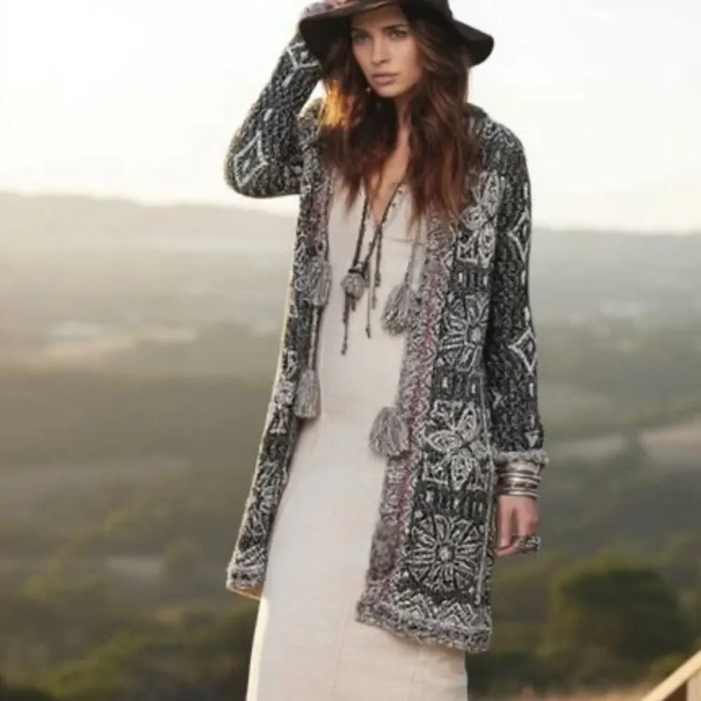 Free People Kai Tassel Hooded Bohemian Cardigan M